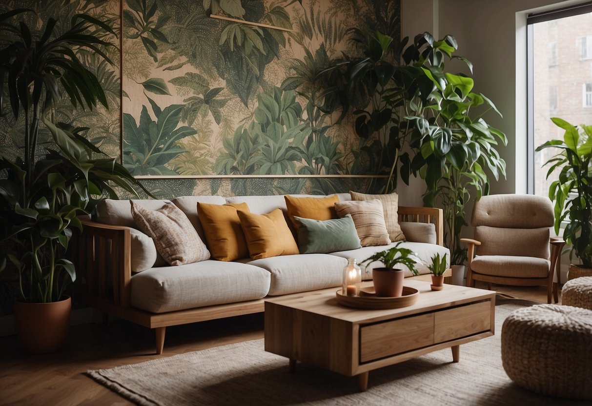 A cozy living room with removable wallpaper, modular furniture, and hanging plants. A tapestry adds color and texture to the space