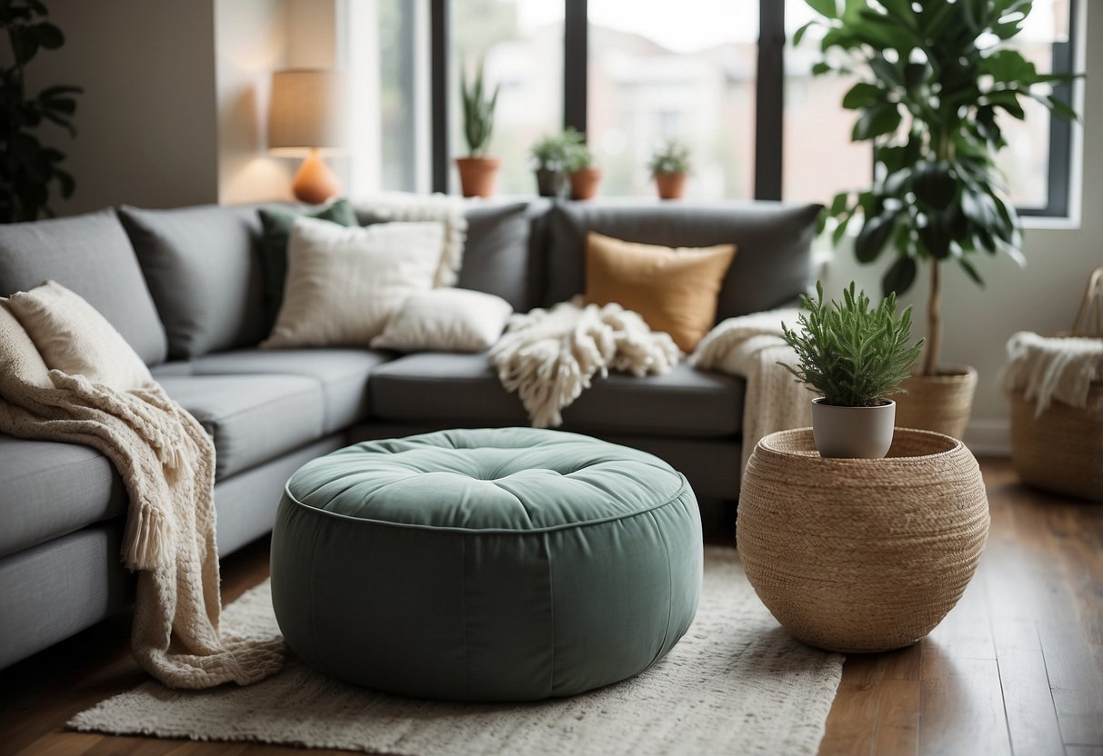 A cozy living room with a stylish ottoman doubling as storage, adorned with throw pillows and a soft blanket. A small plant sits on a side table, adding a touch of greenery to the space