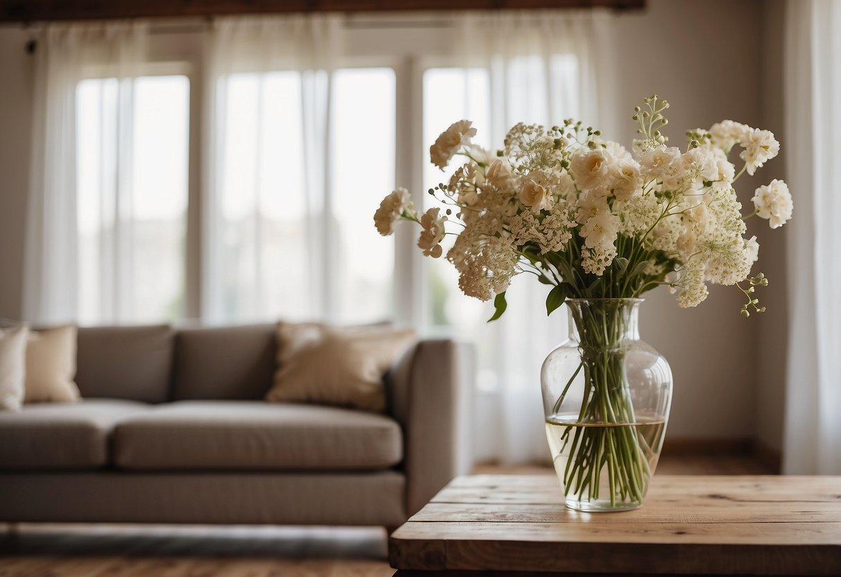 A bright, airy living room with light, sheer curtains billowing in the breeze. A vase of fresh flowers sits on a rustic wooden table, adding a pop of color to the neutral decor