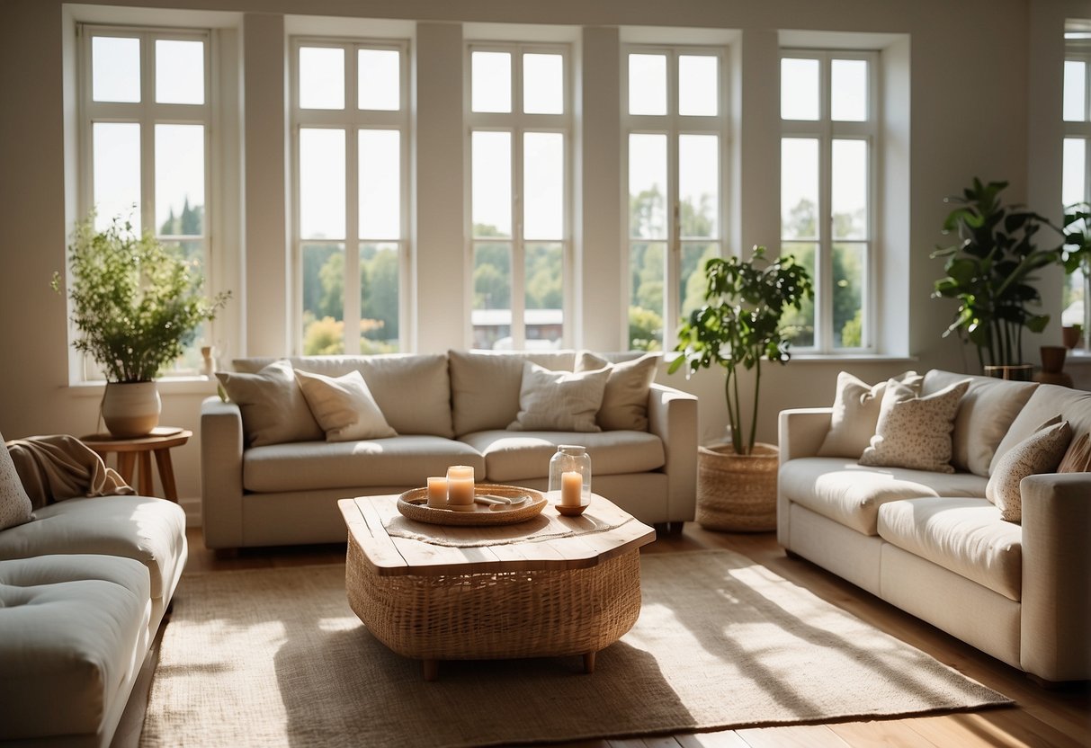 A bright, airy living room with light, breathable fabrics like linen and cotton. Sunlight streams in through open windows, casting a warm glow on the room's summery decor