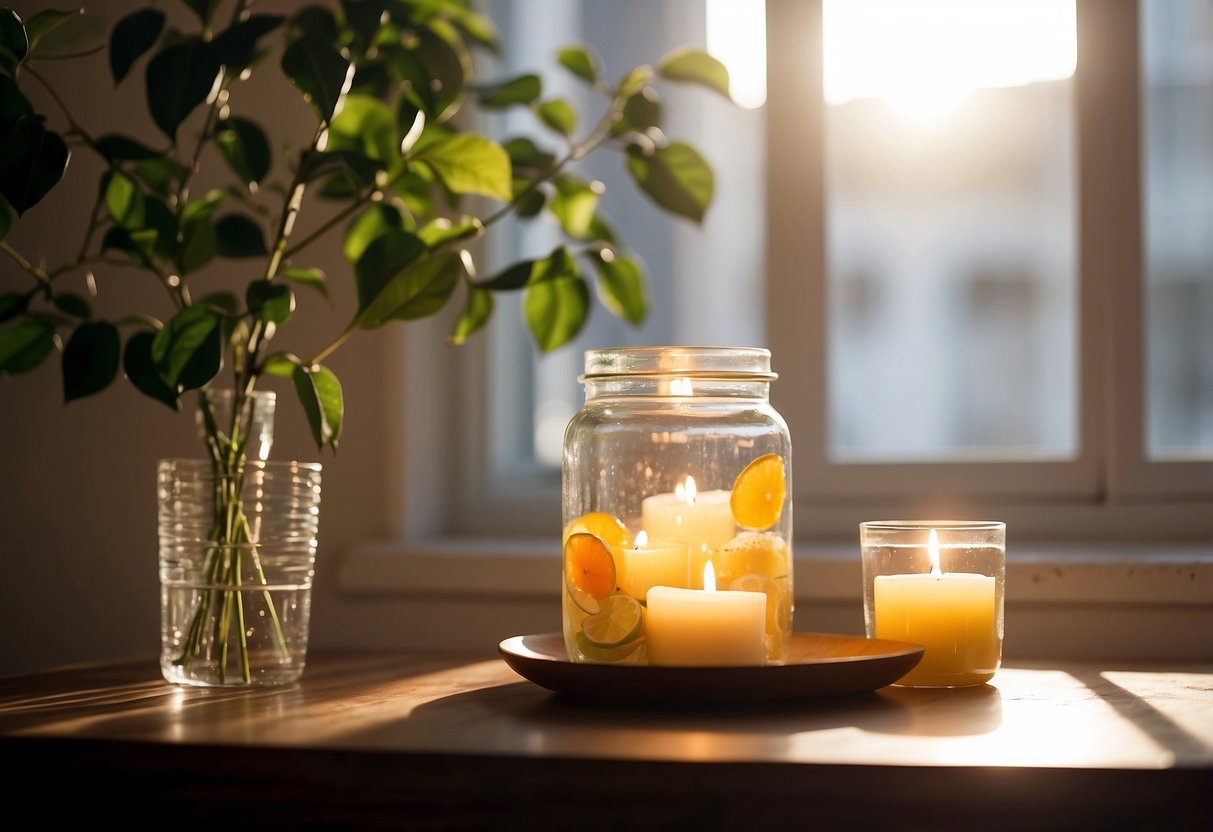 A bright, airy room with citrus-scented candles on a table, casting a warm, inviting glow. Sunlight streams in through open windows, creating a summery atmosphere