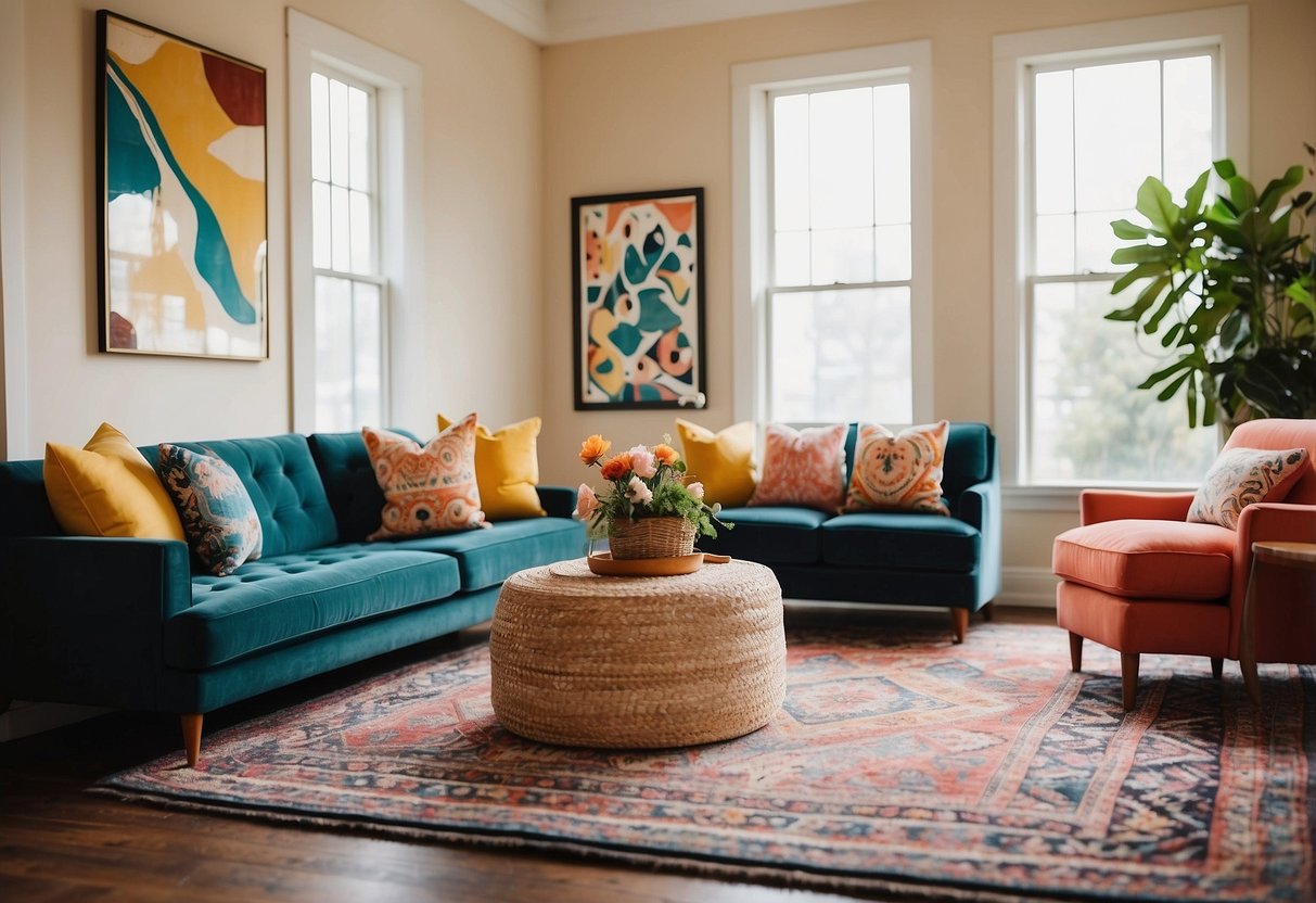 A well-lit room with vibrant, colorful decor, including bold patterned rugs, statement artwork, and bright accent pillows