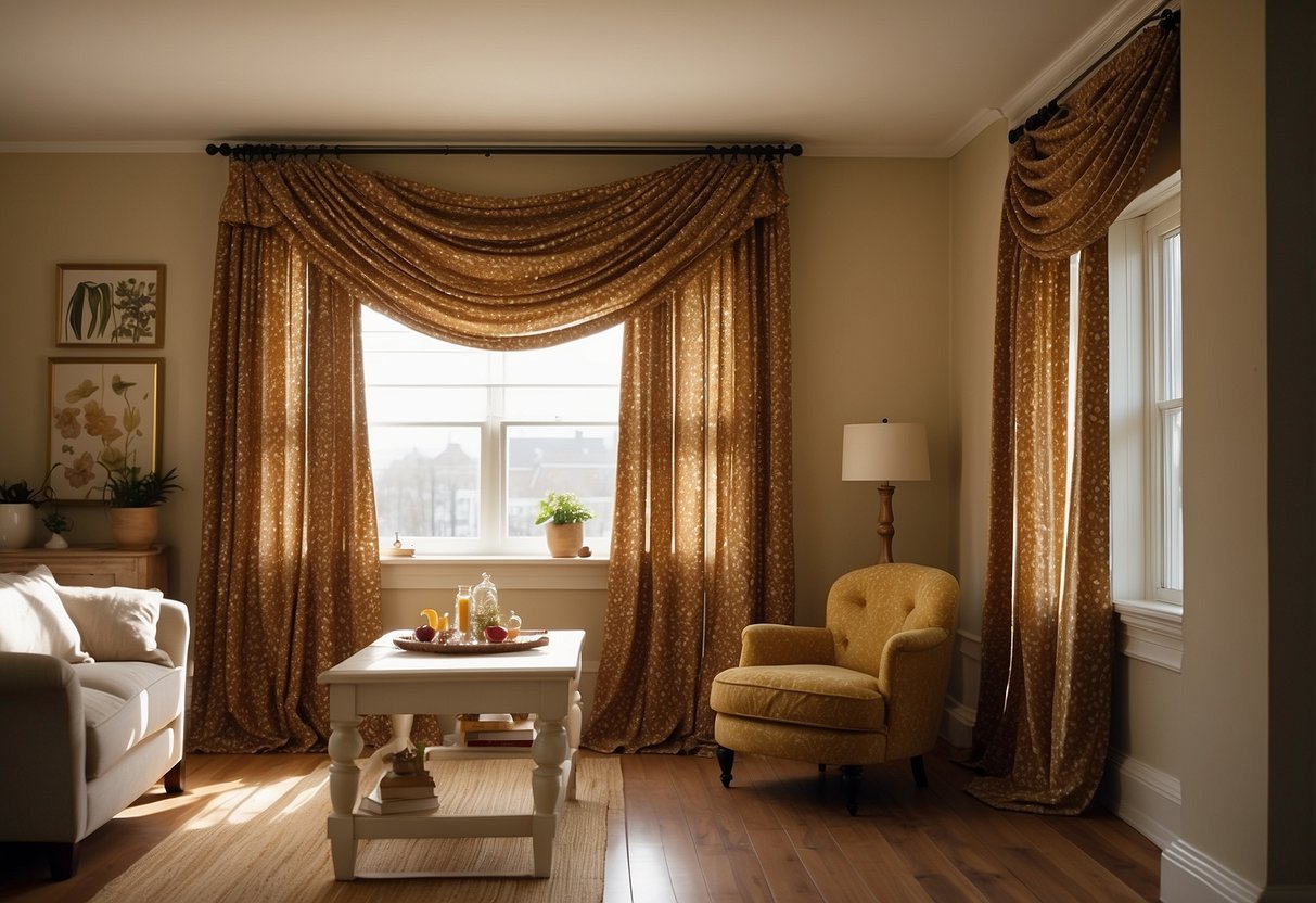 Vibrant curtains hang in a festive display, complemented by bright home decor accents