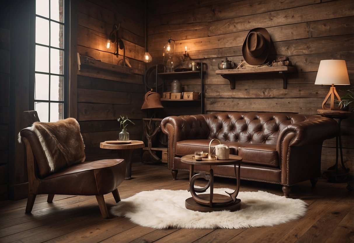 A rustic living room with a cowhide rug, leather armchair, and wooden coffee table. A horseshoe wall hanging and vintage cowboy hat complete the western theme