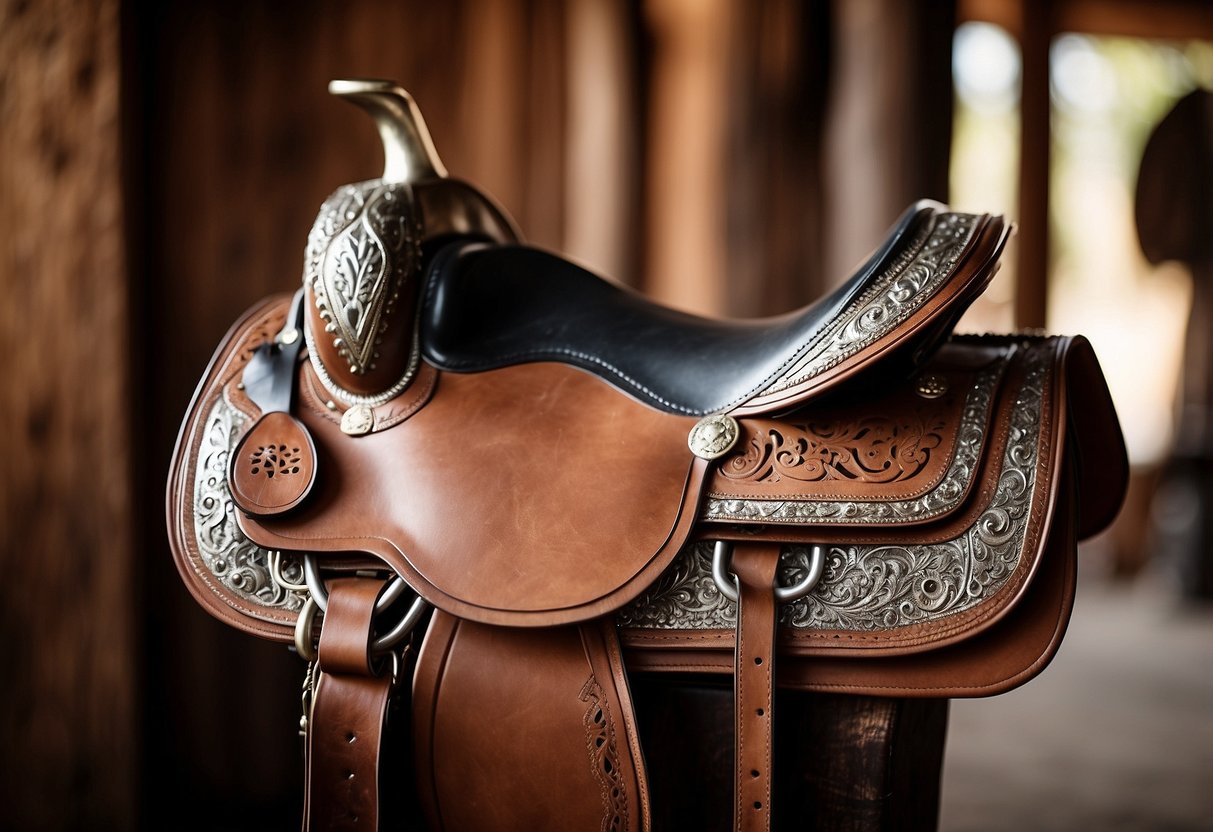 An antique Western saddle rests on a wooden stand, adorned with intricate leather tooling and silver embellishments, set against a backdrop of rustic Western decor