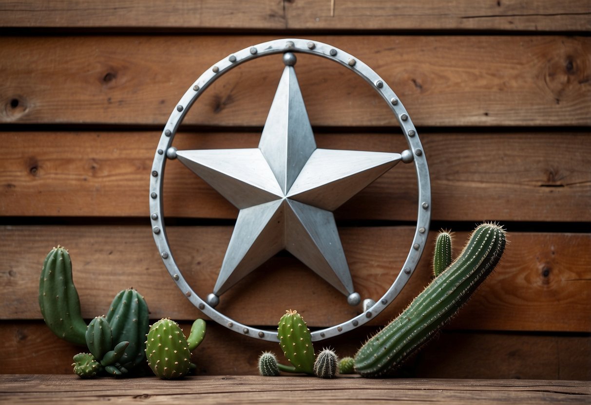 A lone star metal wall art hanging on a rustic wooden wall, surrounded by western-themed decor like horseshoes, cowboy hats, and cacti