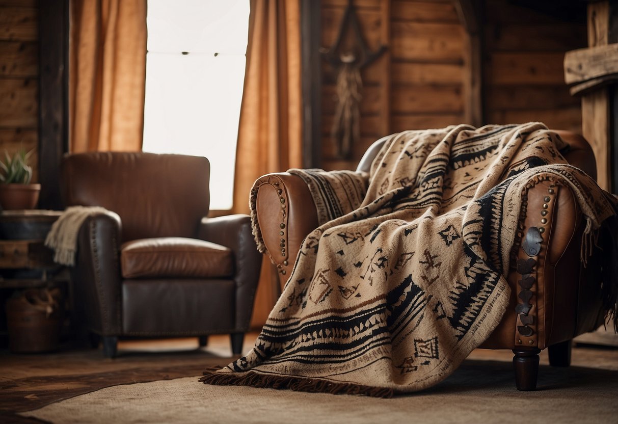 A cozy living room with a Navajo-inspired wool throw draped over a leather armchair, surrounded by rustic western decor