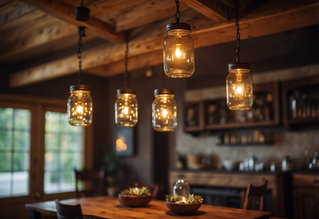 A cozy western-themed living room with mason jar pendant lights hanging from the ceiling, casting a warm glow over rustic furniture and decor