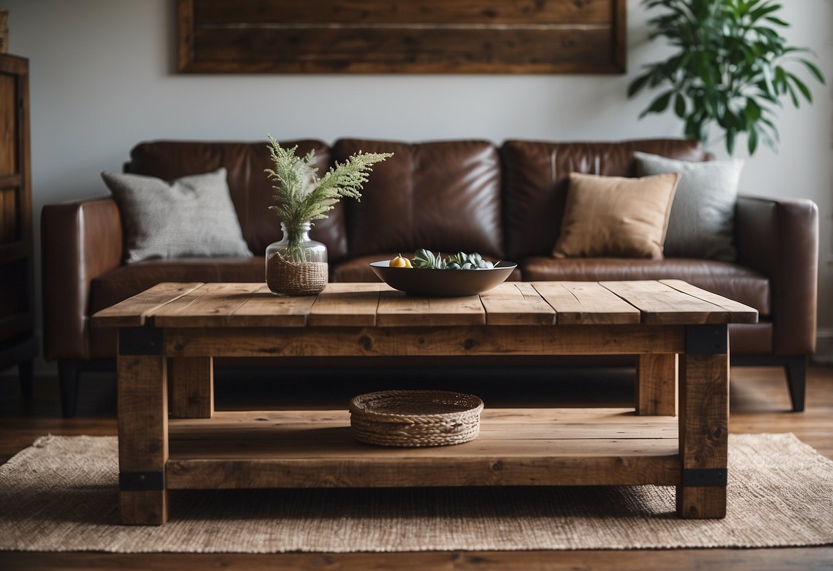 A rustic coffee table made of reclaimed barnwood sits in a cozy living room, adorned with western decor and surrounded by comfortable furniture