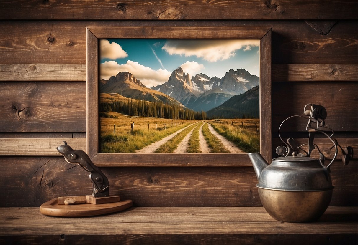 A rustic wooden wall adorned with vintage cowboy prints, creating a western-themed decor for the home