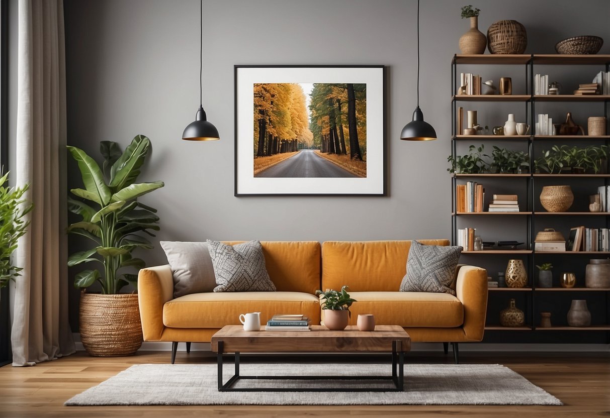 A cozy living room with a modern sofa, colorful throw pillows, and a stylish area rug. A gallery wall displays framed art and shelves hold decorative trinkets