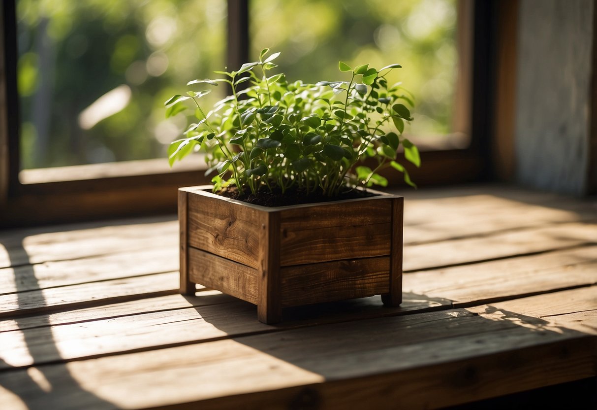 A rustic wooden planter sits on a weathered table, surrounded by greenery and sunlight streaming through a window