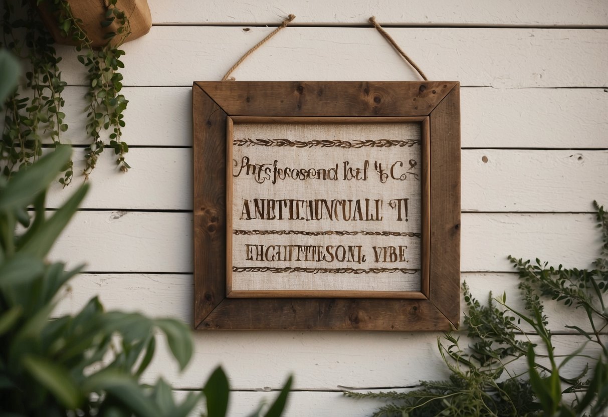 A rustic wooden sign hangs on a whitewashed wall, surrounded by hand-painted ceramic plates and woven tapestries