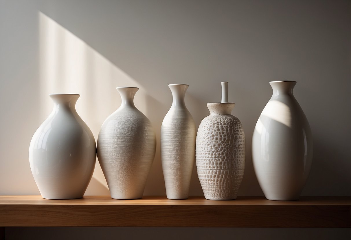 A set of ceramic vases arranged on a wooden shelf against a white wall, with natural light casting soft shadows