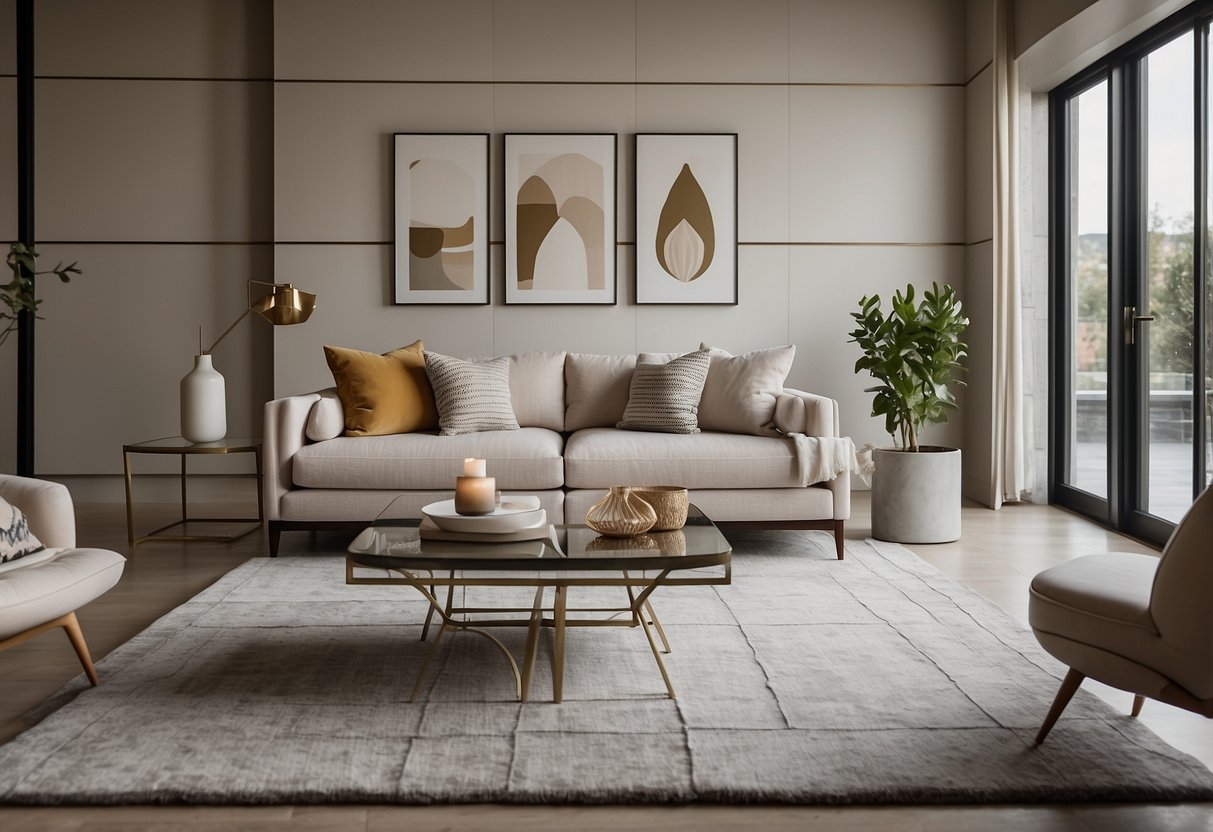 A modern living room with a neutral color scheme features a plush sofa adorned with geometric throw pillows. The pillows add a pop of color and texture to the space