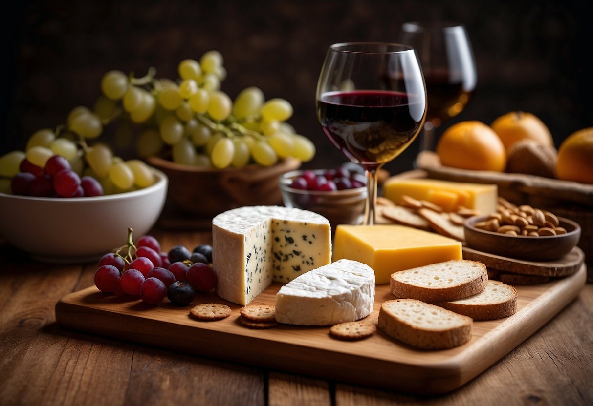 A bamboo cheese board sits on a rustic table, adorned with artisan cheeses, fruits, and crackers. A wine glass and bottle complement the elegant display