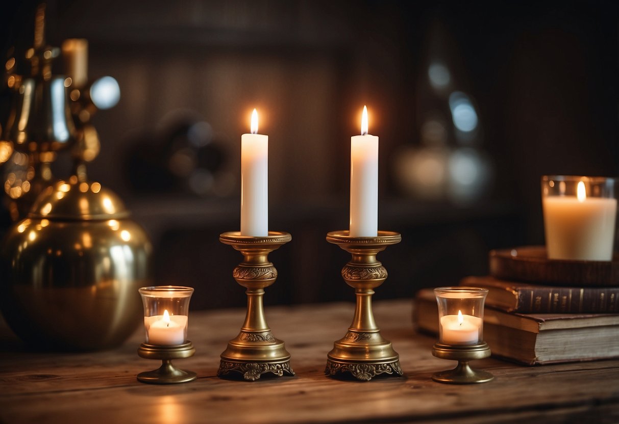 Two antique brass candlesticks stand on a wooden table, surrounded by vintage home decor