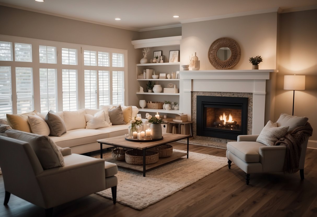 A beautifully decorated living room with a variety of home decor presents displayed on shelves and tables. The room is filled with cozy furniture and soft lighting, creating a warm and inviting atmosphere