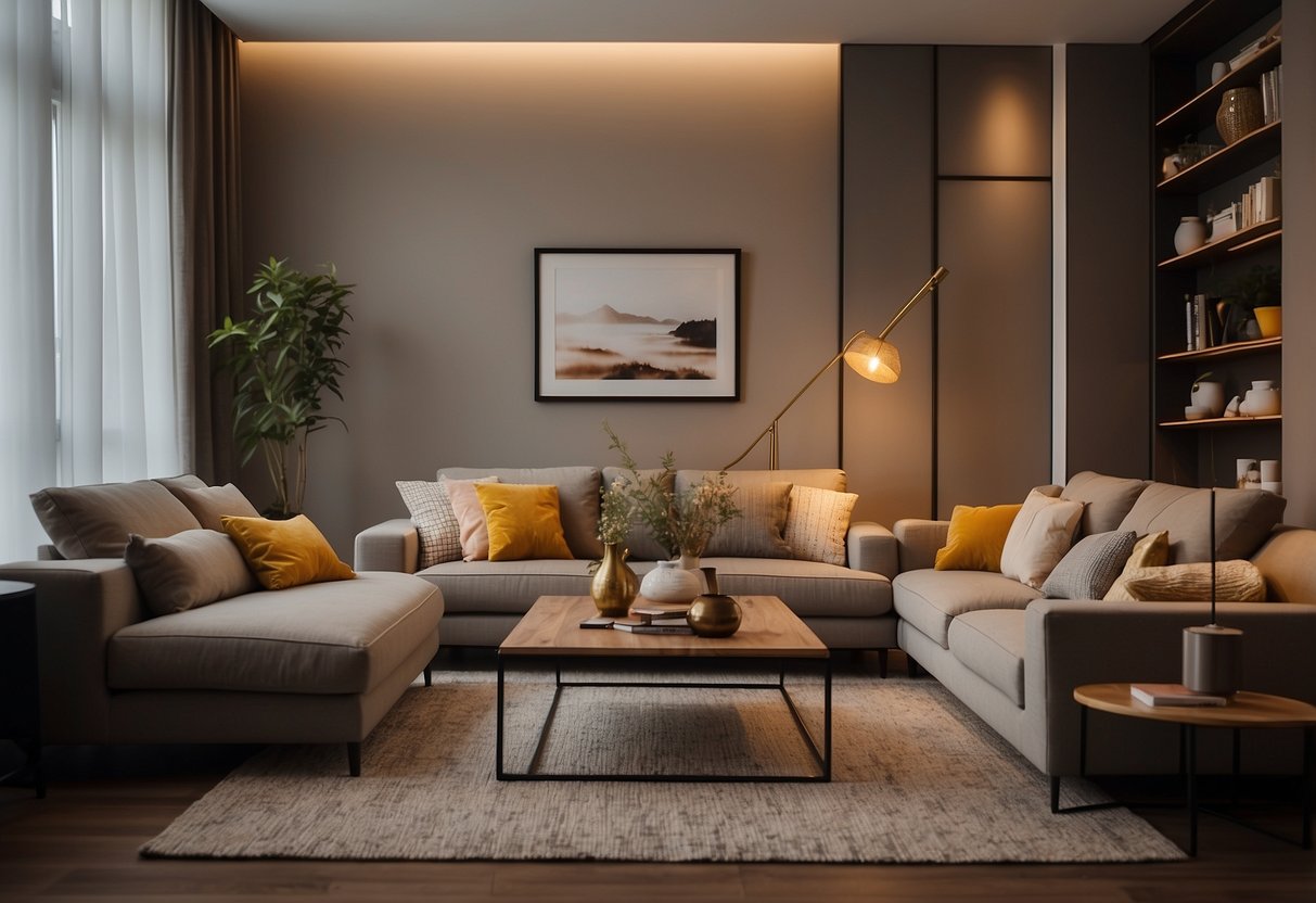 A cozy living room with warm, dimmable lighting from floor lamps and recessed lights, creating a relaxing and inviting atmosphere