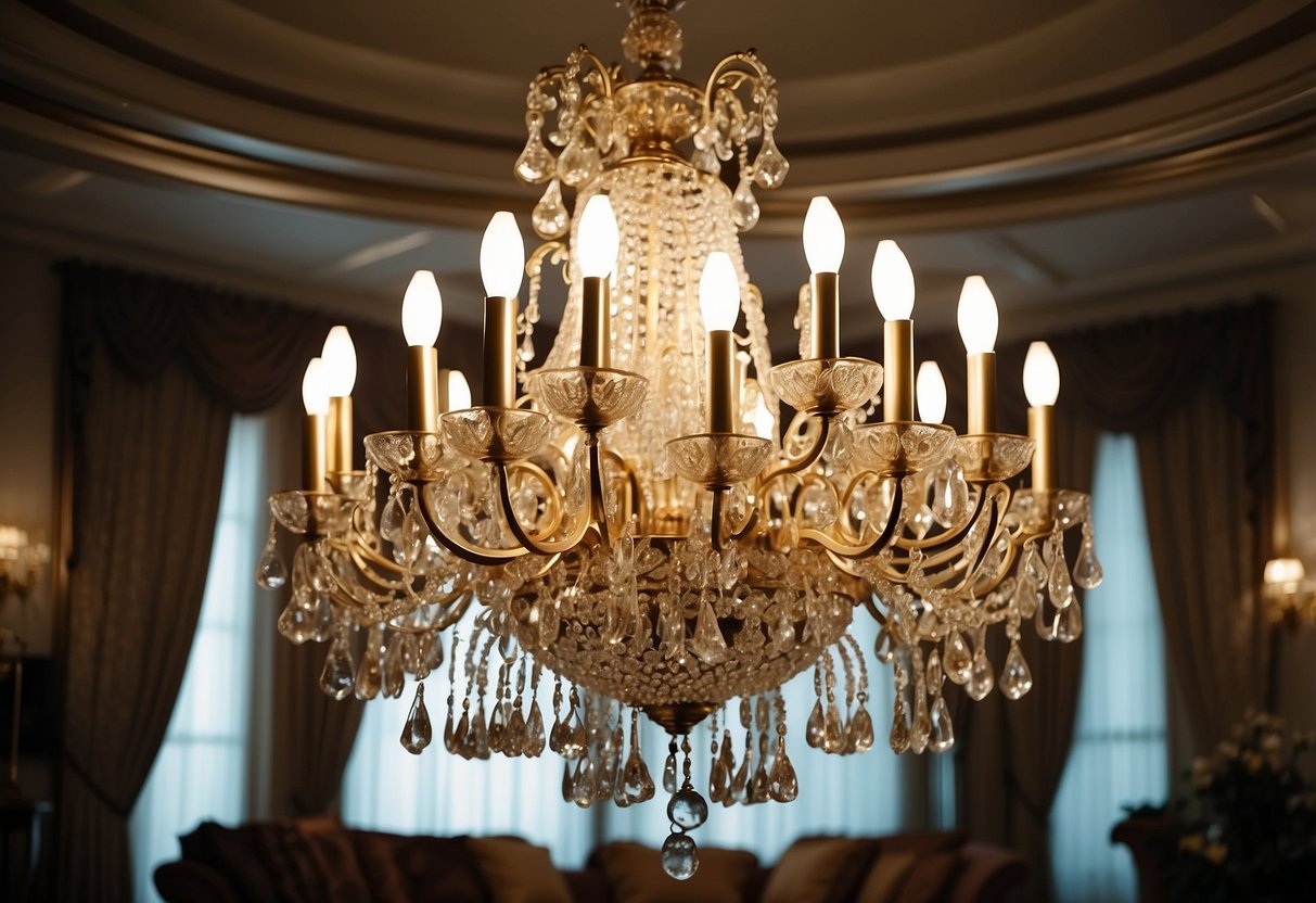 A grand chandelier illuminates a lavish living room with opulent furniture and elegant drapes, creating a luxurious ambiance