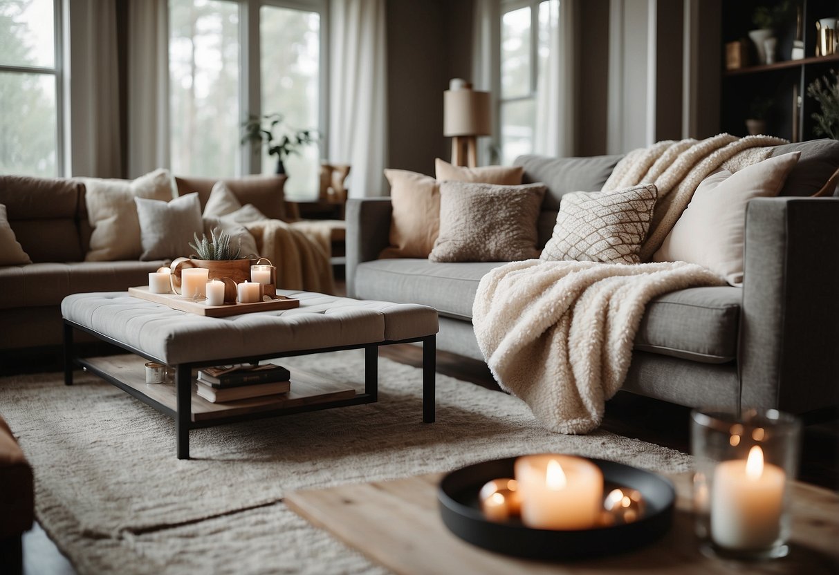 A cozy living room with a plush cashmere throw draped over a stylish sofa, surrounded by elegant home decor accents