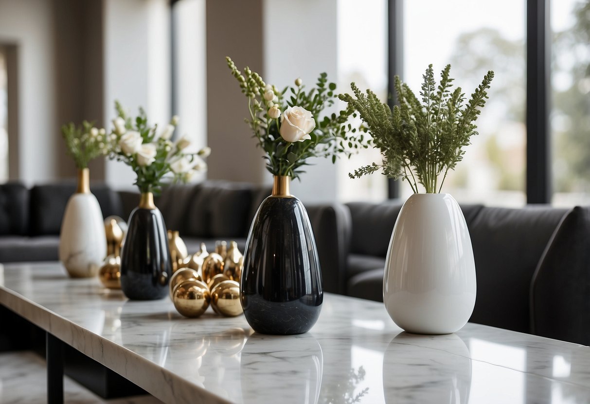 A sleek, modern living room with a minimalist design. A display of designer vases on a marble-topped table, adding a touch of luxury to the space