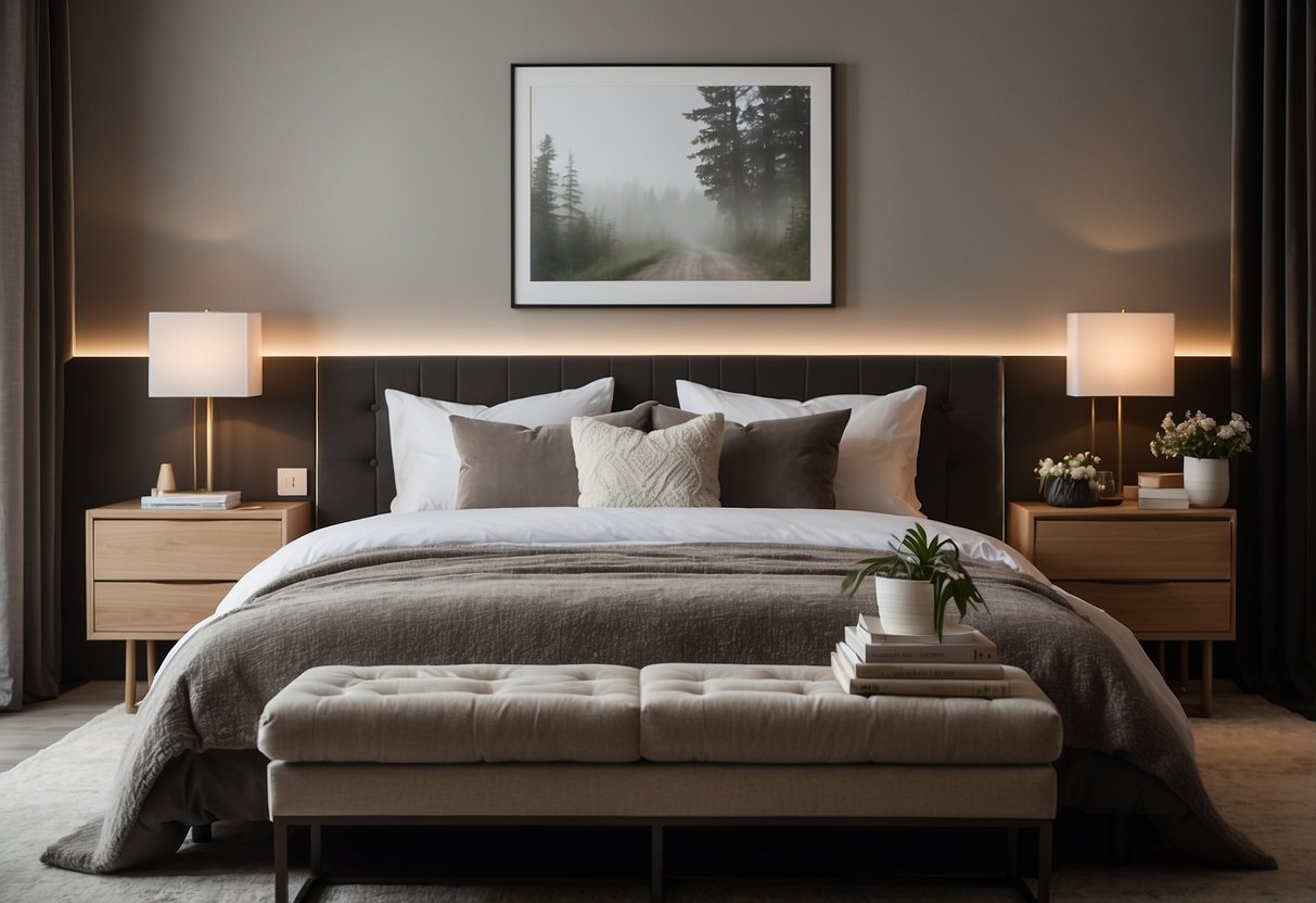 A cozy bedroom with a neutral color palette, soft lighting, and layered textures. A plush rug and throw pillows add warmth, while a statement headboard and artwork provide visual interest