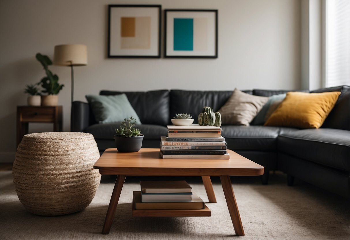 A room with blank walls, a cluttered bookshelf, and mismatched furniture. A stack of home decor magazines sits on the coffee table