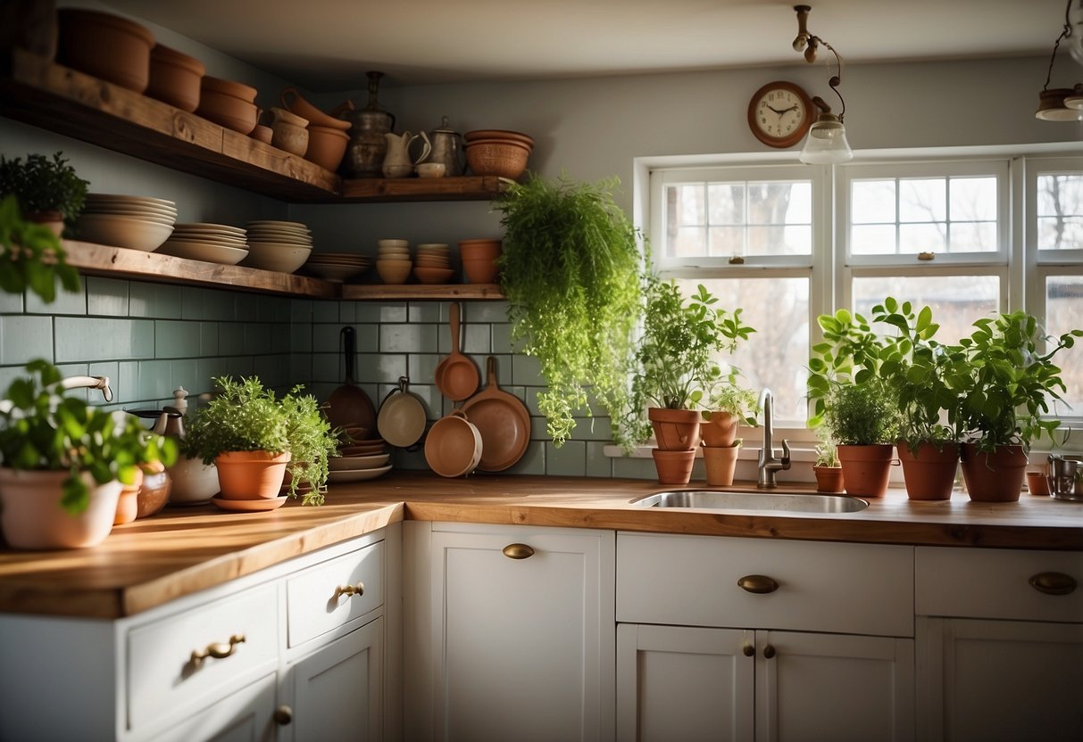 A bright kitchen with potted herbs, hanging plants, and open shelving displaying colorful dishes and cookware. A vintage rug adds warmth to the hardwood floors