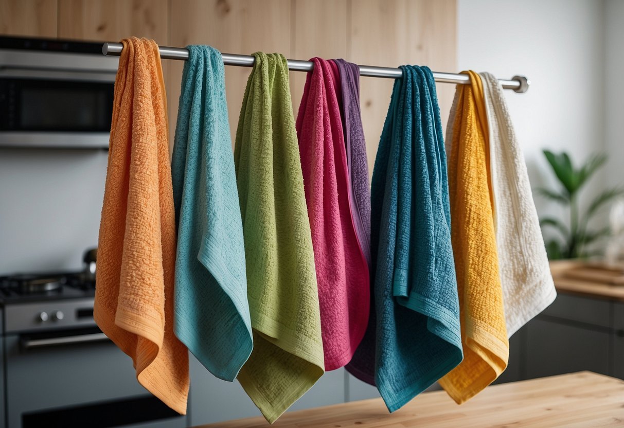 Vibrant Turkish towels hang on hooks, adding a pop of color to the kitchen. Bright patterns and textures create a lively and inviting atmosphere