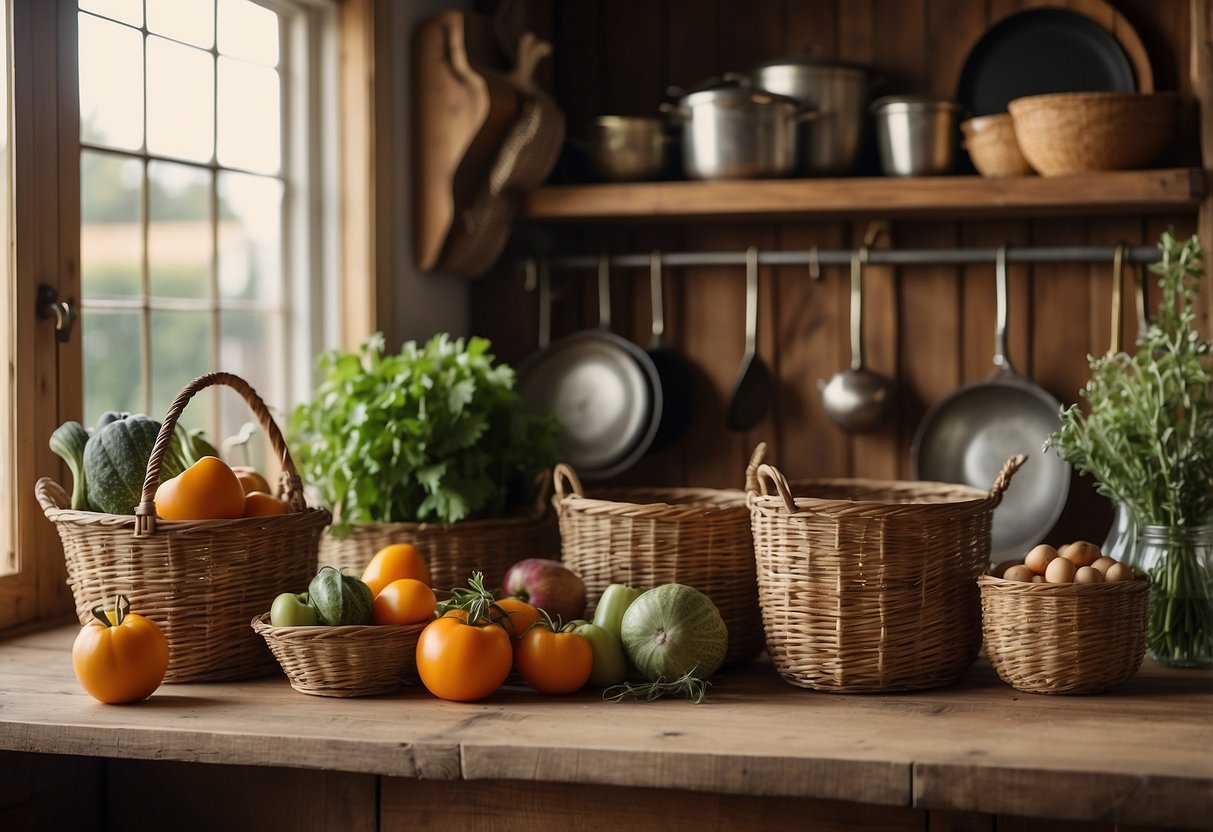 A rustic farmhouse kitchen with woven baskets hanging from hooks, filled with fresh produce and kitchen utensils. A wooden table with a checkered tablecloth and vintage canisters complete the cozy decor