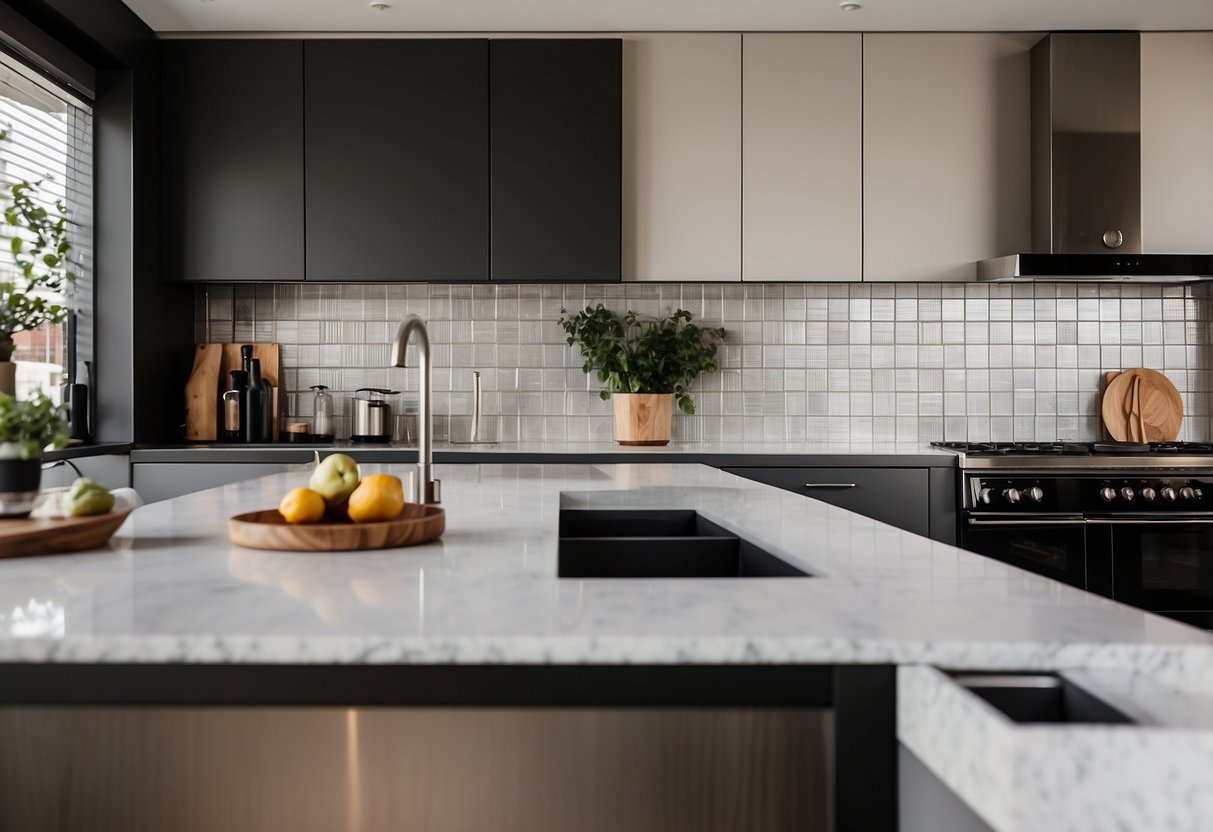 A modern kitchen with sleek, geometric backsplash tiles in neutral tones. Clean lines and minimalistic design create a contemporary and stylish atmosphere