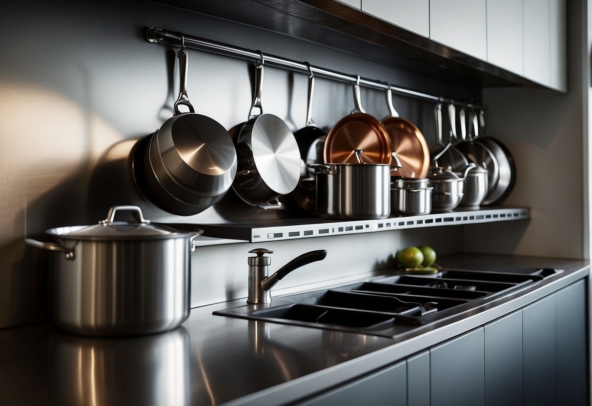 Stainless steel floating shelves hang above a sleek modern kitchen, displaying neatly arranged cookware and decorative items