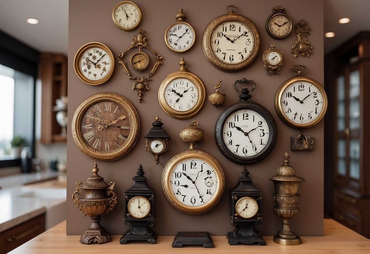 A collection of ornate wall clocks adorn the kitchen wall, adding a touch of elegance to the decor