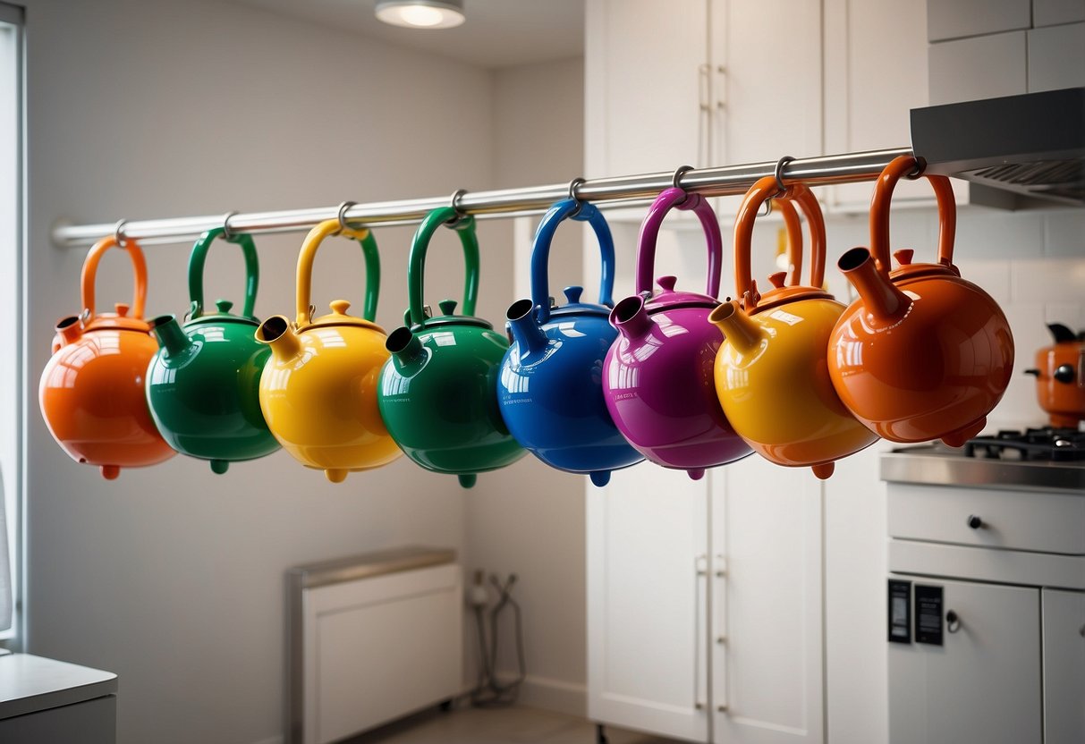 Vibrant tea kettles hang from hooks, casting a rainbow of colors against the white kitchen wall