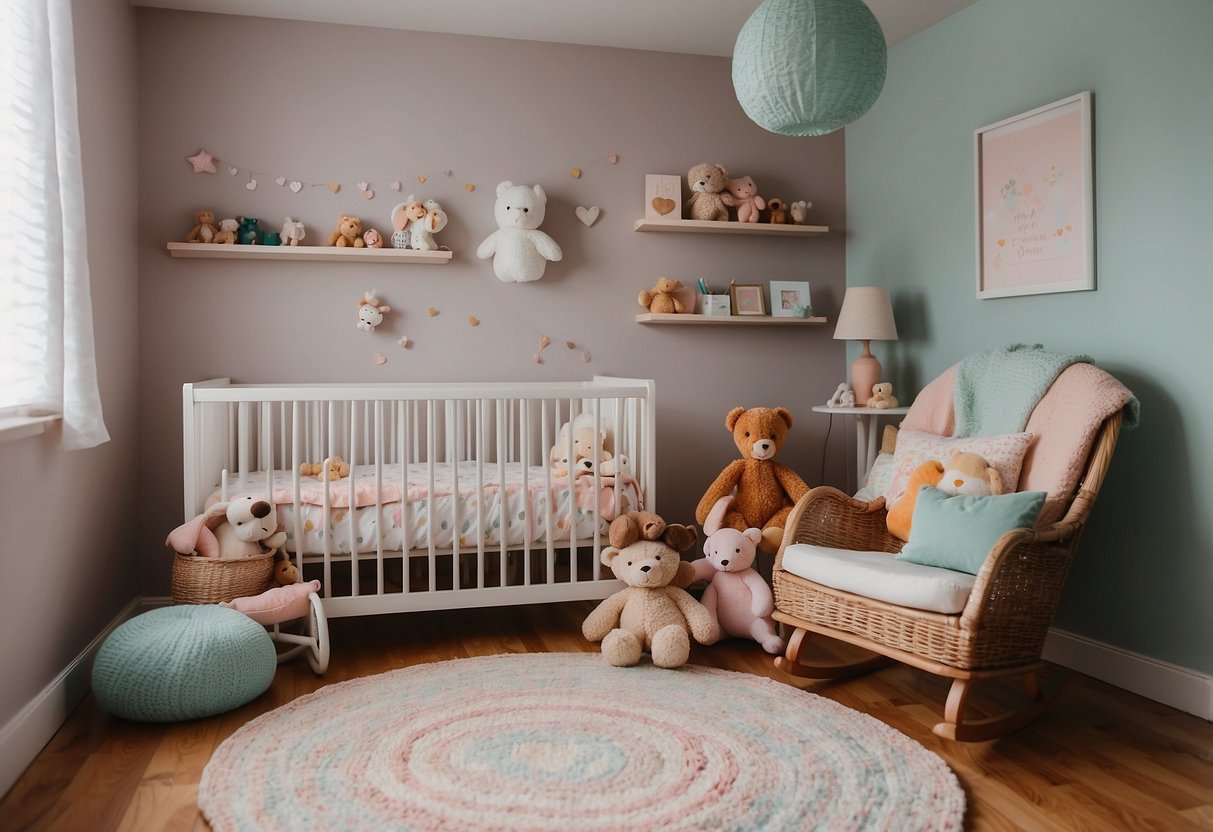 A cozy nursery with pastel walls, a soft rug, and shelves filled with stuffed animals and children's books. A rocking chair sits in the corner next to a crib adorned with a mobile of colorful shapes