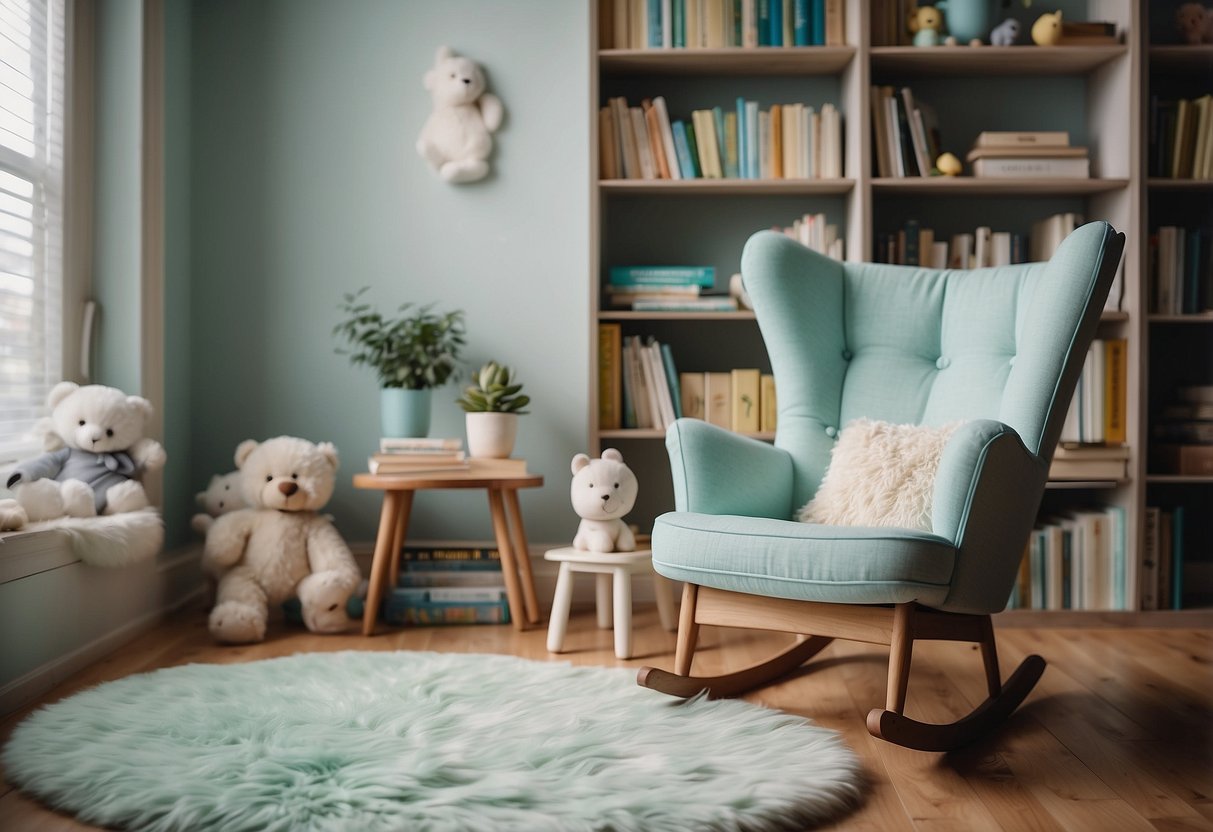 A soft, pastel color palette with shades of light blue, pale yellow, and mint green. A cozy rocking chair sits in the corner next to a bookshelf filled with children's books. A fluffy white rug covers the floor, and a mobile