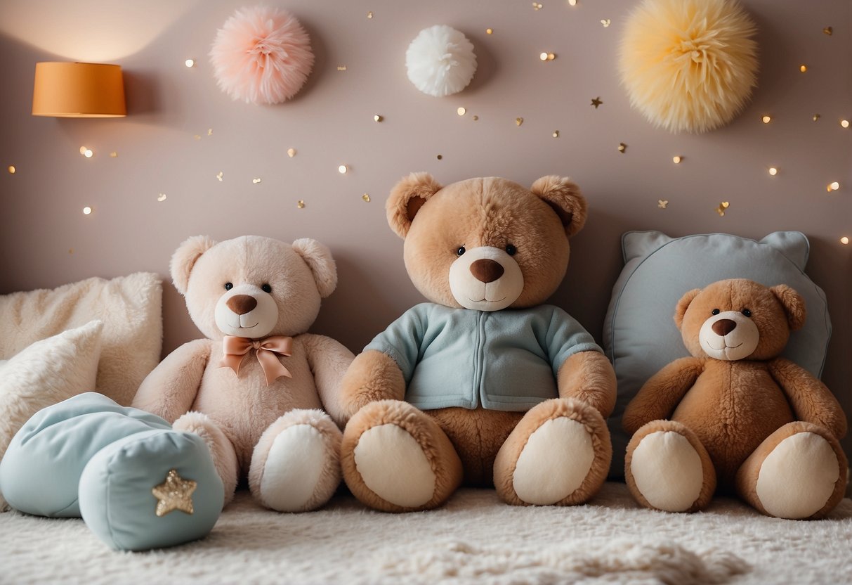 A cozy nursery with plush rugs, fluffy blankets, and tactile wall hangings. Soft, pastel colors create a soothing atmosphere. Teddy bears and soft toys add to the tactile experience