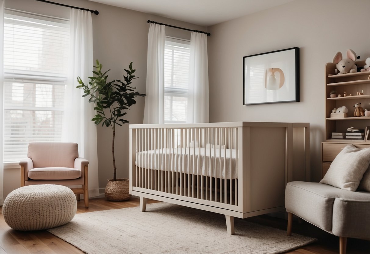 A modern crib with sleek lines and neutral colors sits in a well-lit nursery. Soft textiles and minimalist decor create a stylish, serene atmosphere