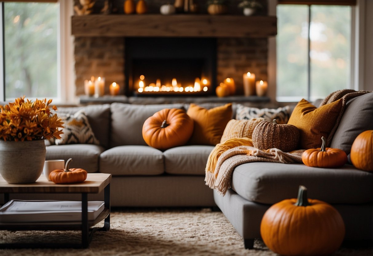 A cozy living room adorned with warm-toned throw pillows, pumpkins, and autumn foliage. A lit fireplace adds a comforting glow to the room