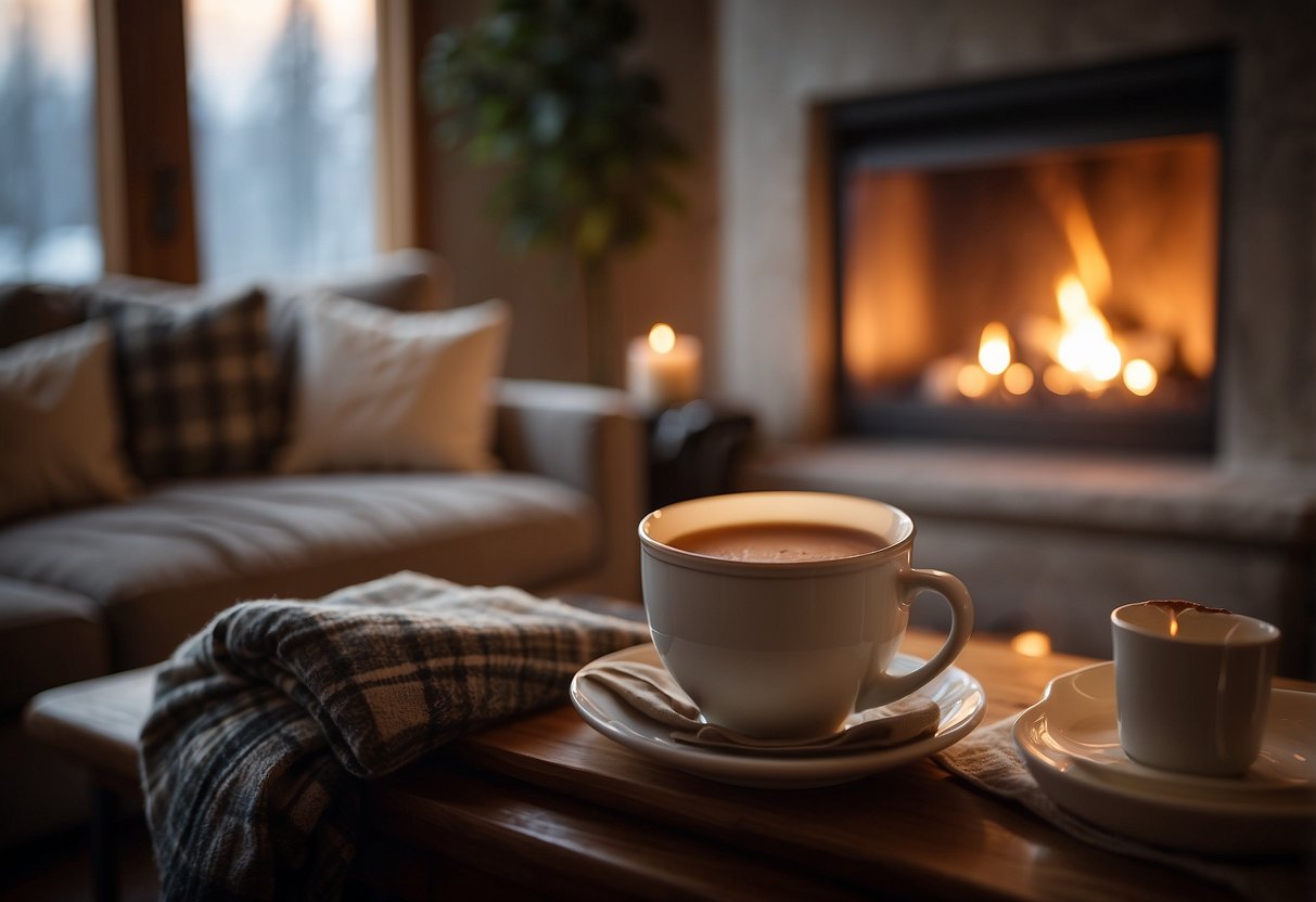 A living room with a warm fireplace, soft flannel throws draped over a comfy couch, and a steaming cup of hot cocoa on a side table