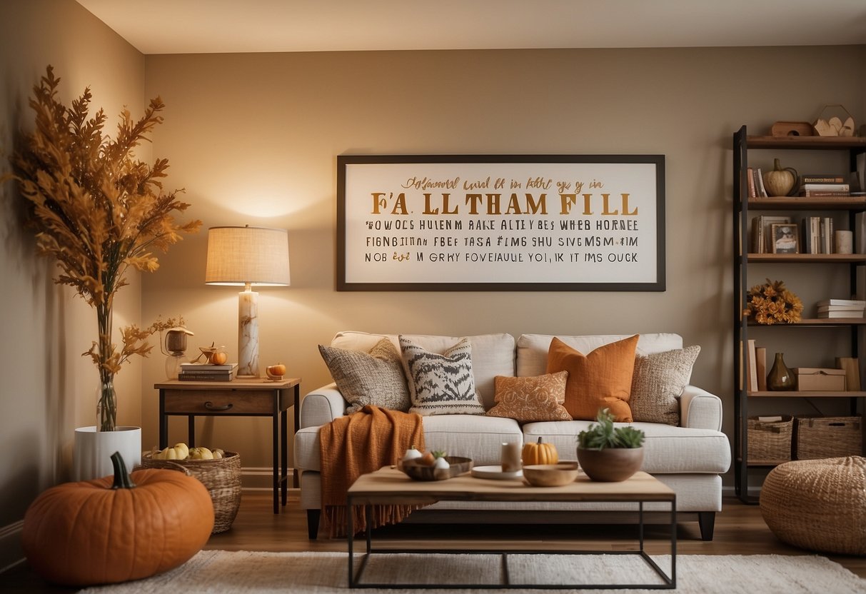 A cozy living room with fall-themed quote signs adorning the walls, creating a warm and thankful atmosphere