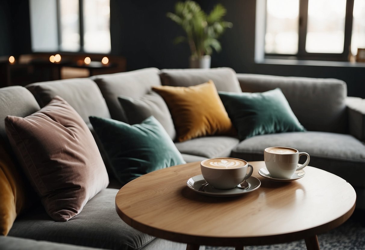 Velvet cushions arranged on a cozy sofa, with warm lighting and a stylish coffee table