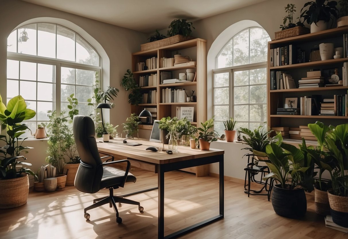 A cozy home office with a large desk, ergonomic chair, bookshelves, plants, and natural lighting from a window. A motivational quote and a vision board decorate the walls