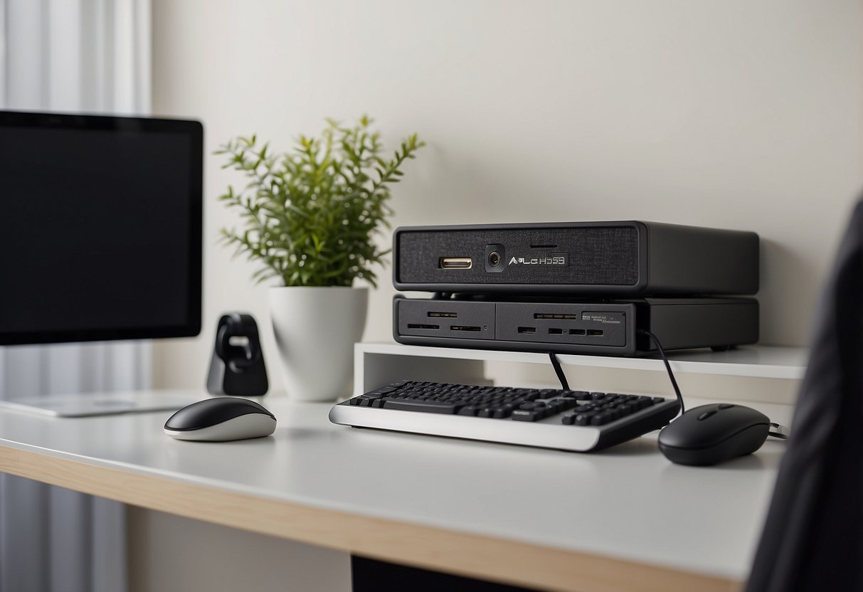 A clean and organized home office desk with a cable management box neatly storing and concealing cords and wires