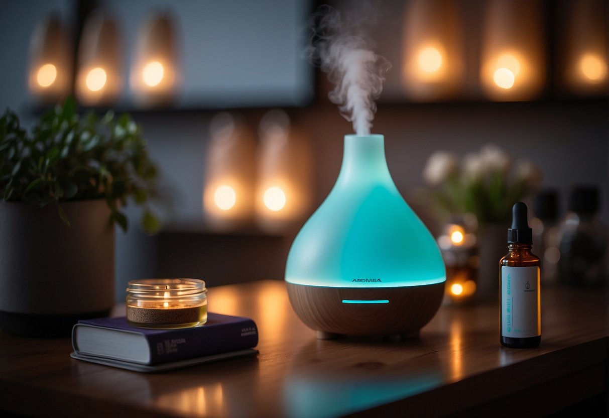 An aroma diffuser emits a gentle mist, surrounded by bottles of essential oils. The soft glow of the diffuser creates a calming atmosphere in a modern home office setting