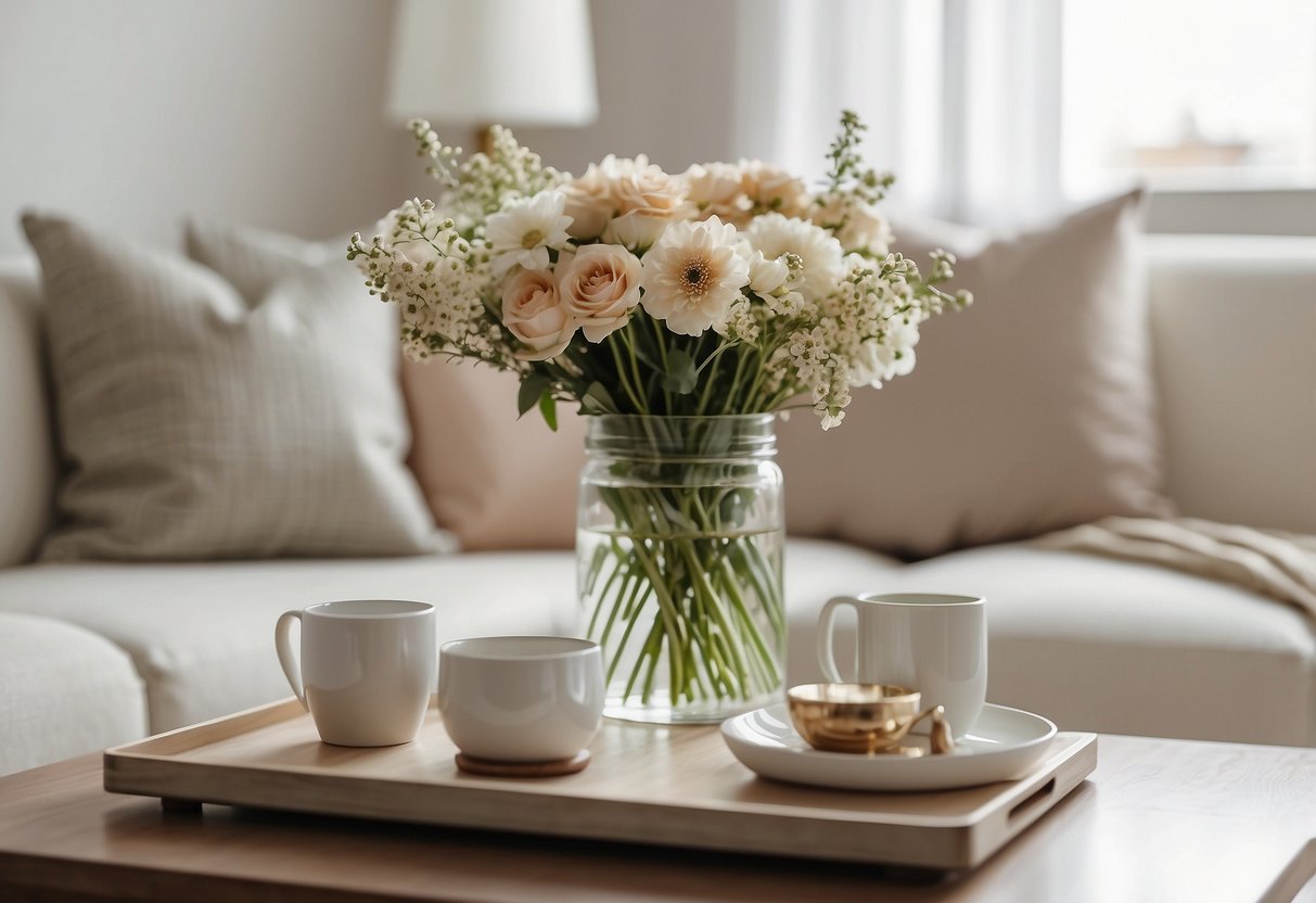 A bright, airy living room with neutral colors and minimal decor. A vase of fresh flowers on the coffee table and strategically placed accent pillows and throws on the furniture