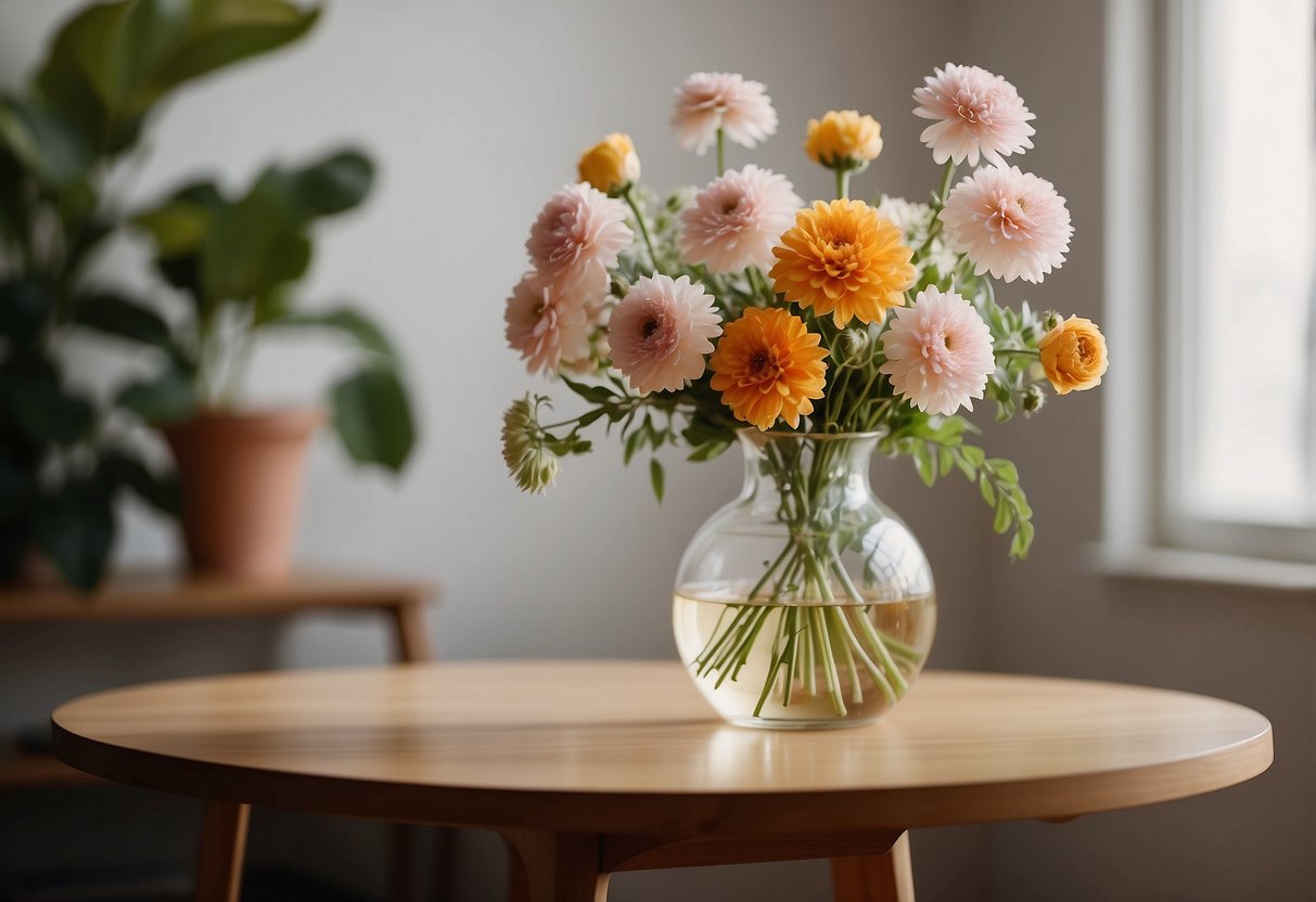 A vase of fresh flowers sits on a table, while a diffuser emits a subtle scent in the air. The room is bright and inviting, creating a welcoming atmosphere for potential buyers