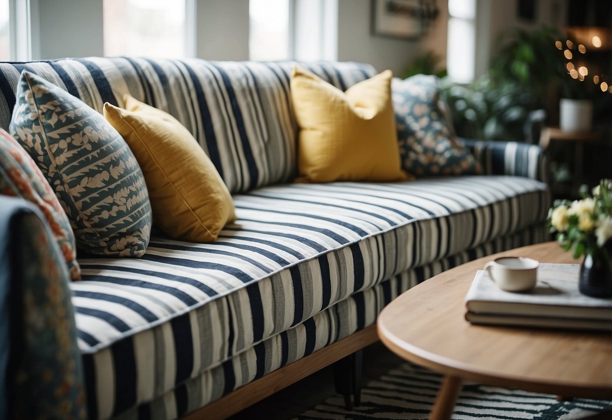 A cozy living room with a mix of floral and geometric patterns on throw pillows, a textured rug, and a striped accent chair