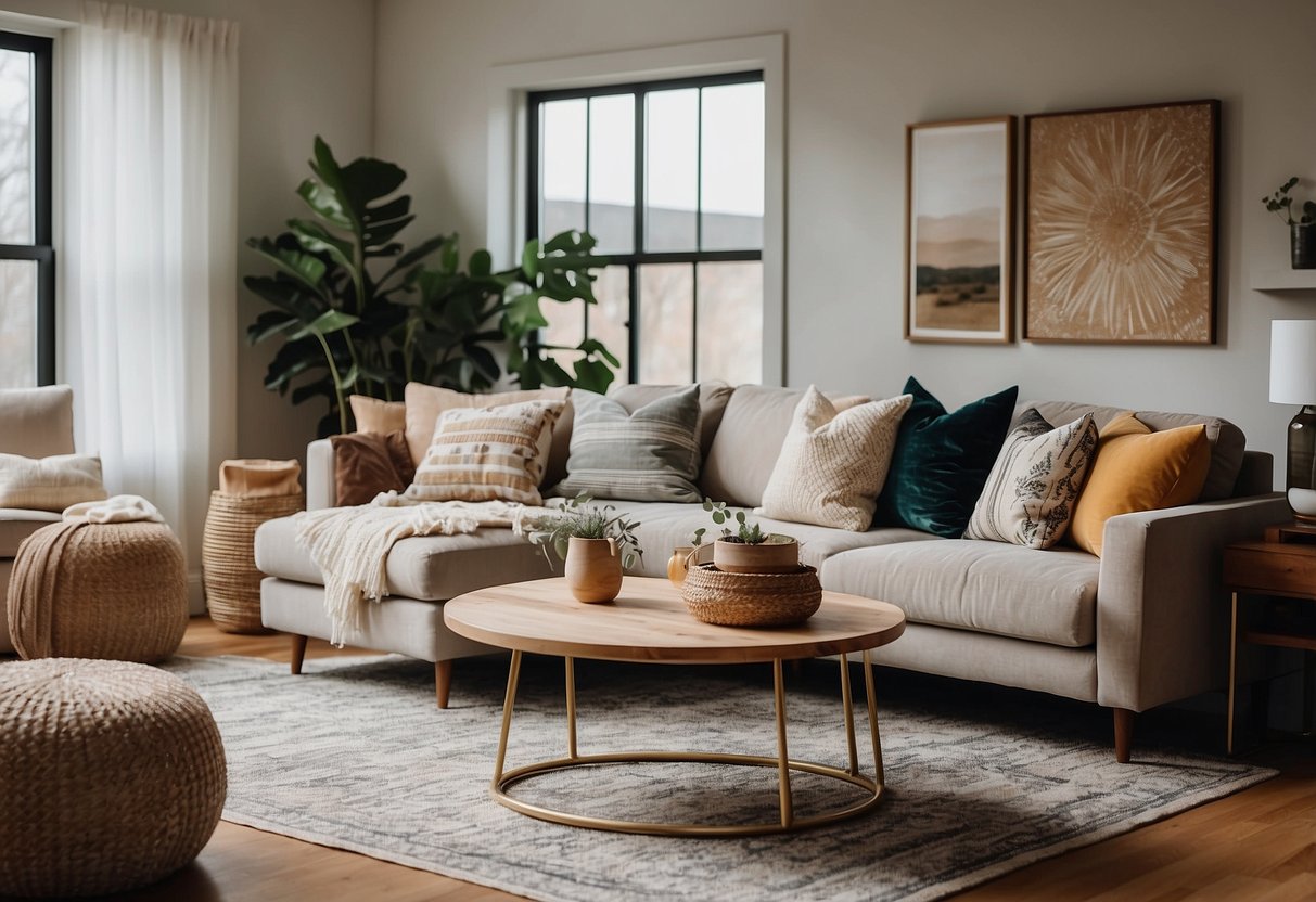 A cozy living room with a mix of stripes, florals, and geometric patterns on throw pillows and blankets, paired with a variety of textures like velvet, linen, and faux fur